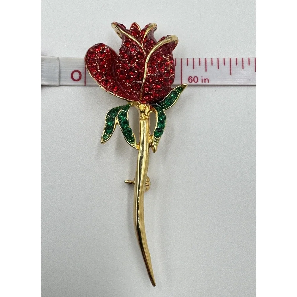 Gold Tone Single‎ Red Rose Sparkling Rhinestone Flower Brooch Valentines Day Pin